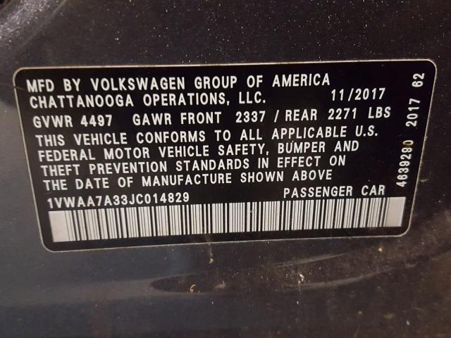 1VWAA7A33JC014829 - 2018 VOLKSWAGEN PASSAT S GRAY photo 10