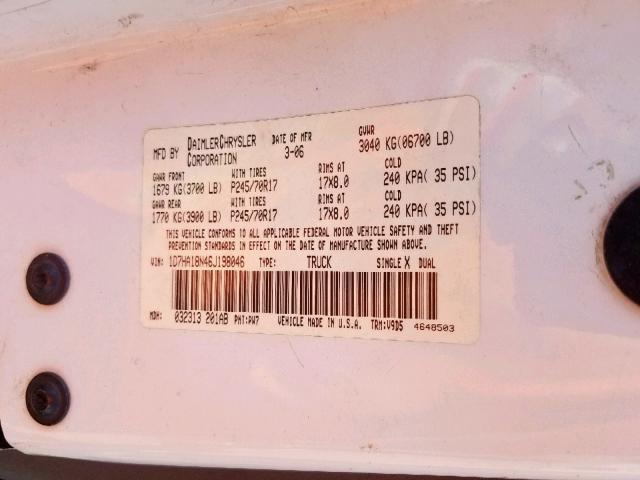 1D7HA18N46J198046 - 2006 DODGE RAM 1500 S WHITE photo 10