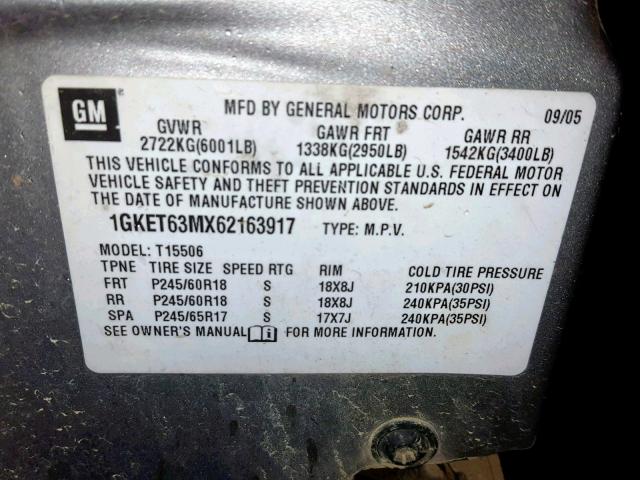 1GKET63MX62163917 - 2006 GMC ENVOY DENA SILVER photo 10