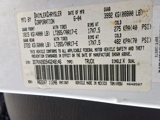 3D7KA28D54G248146 - 2004 DODGE RAM 2500 S თეთრი ფოტო 10