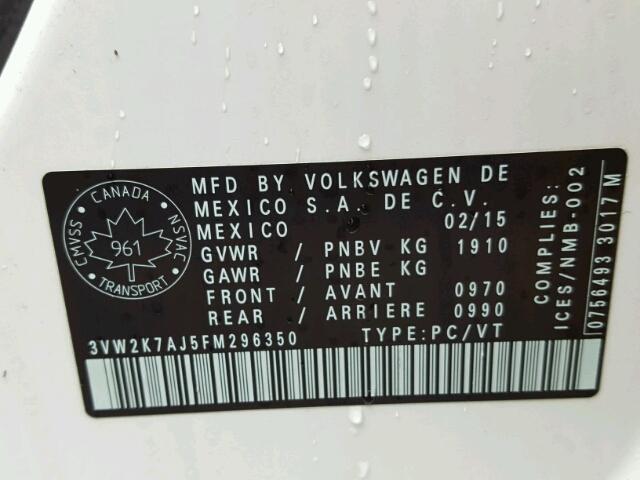 3VW2K7AJ5FM296350 - 2015 VOLKSWAGEN JETTA BASE 白色 照片 10