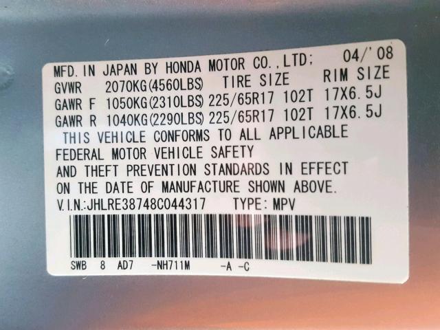 JHLRE38748C044317 - 2008 HONDA CR-V EXL GRAY photo 10