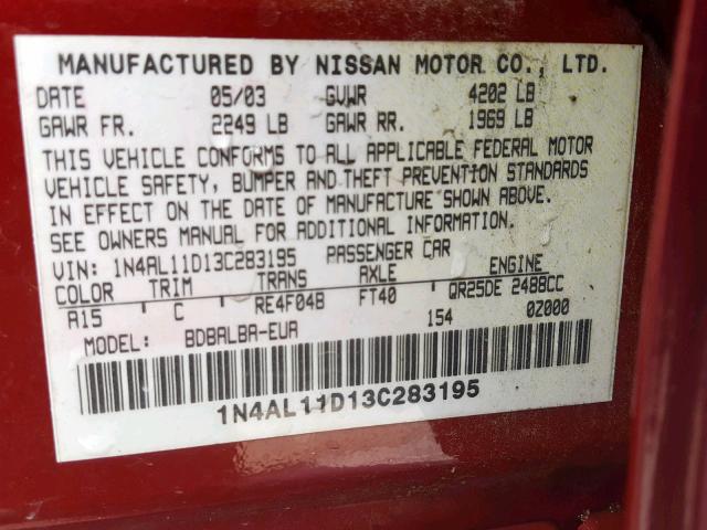 1N4AL11D13C283195 - 2003 NISSAN ALTIMA BAS BURGUNDY photo 10