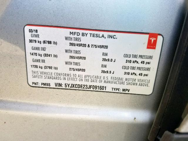 5YJXCDE23JF091601 - 2018 TESLA MODEL X GRAY photo 10