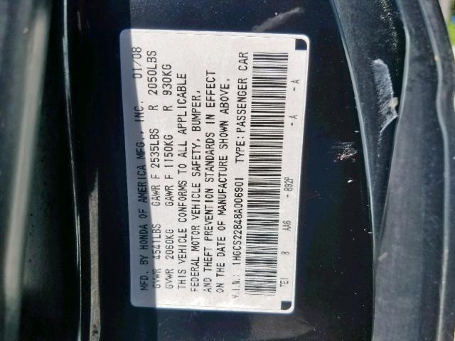 1HGCS22848A006901 - 2008 HONDA ACCORD EXL BLACK photo 10