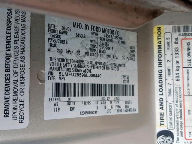 5LMFU28596LJ09440 - 2006 LINCOLN NAVIGATOR SILVER photo 10