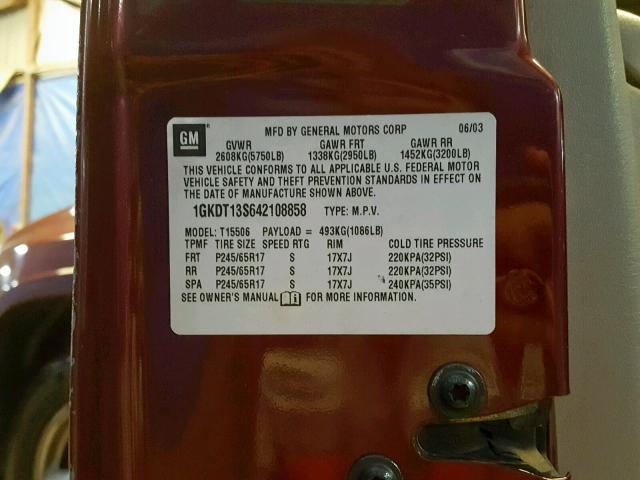 1GKDT13S642108858 - 2004 GMC ENVOY RED photo 10