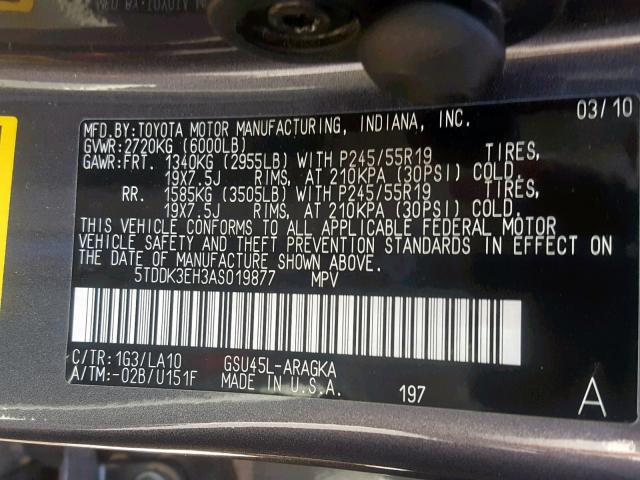 5TDDK3EH3AS019877 - 2010 TOYOTA HIGHLANDER BLUE photo 10