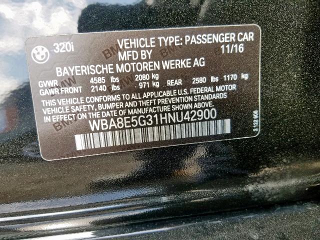 WBA8E5G31HNU42900 - 2017 BMW 320 XI BLACK photo 10