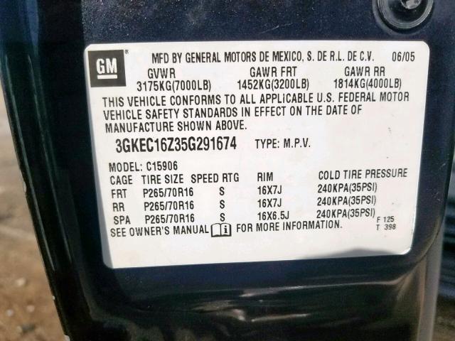 3GKEC16Z35G291674 - 2005 GMC YUKON XL C CHARCOAL photo 10