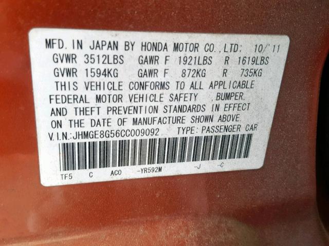 JHMGE8G56CC009092 - 2012 HONDA FIT SPORT ORANGE photo 10