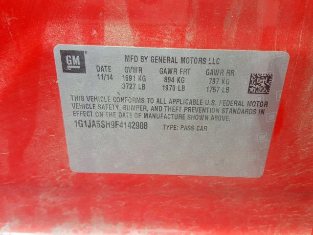 1G1JA5SH9F4142908 - 2015 CHEVROLET SONIC LS RED photo 10