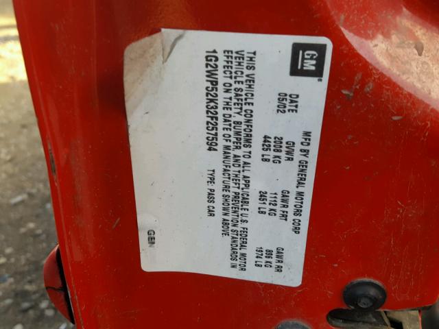 1G2WP52K32F257594 - 2002 PONTIAC GRAND PRIX RED photo 10