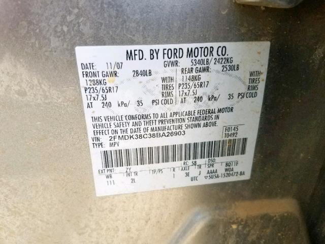 2FMDK38C38BA26903 - 2008 FORD EDGE SEL SILVER photo 10