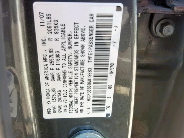 1HGCP36868A019683 - 2008 HONDA ACCORD EXL GRAY photo 10