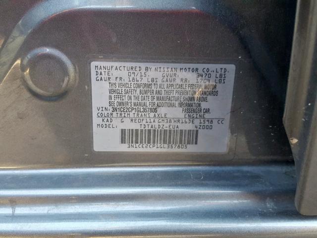 3N1CE2CP1GL357805 - 2016 NISSAN VERSA NOTE GRAY photo 10