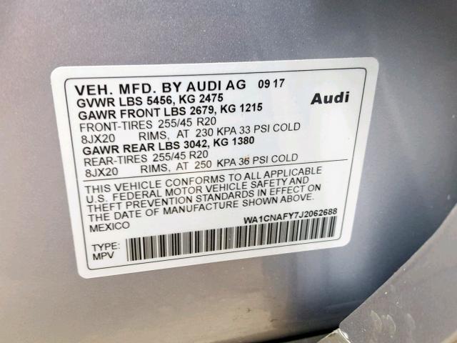 WA1CNAFY7J2062688 - 2018 AUDI Q5 PRESTIG SILVER photo 10