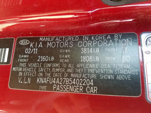 KNAFU4A27B5402204 - 2011 KIA FORTE EX RED photo 10