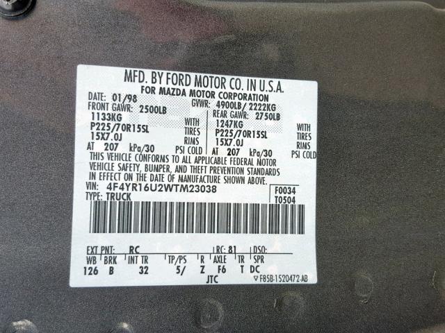 4F4YR16U2WTM23038 - 1998 MAZDA B3000 CAB GRAY photo 10