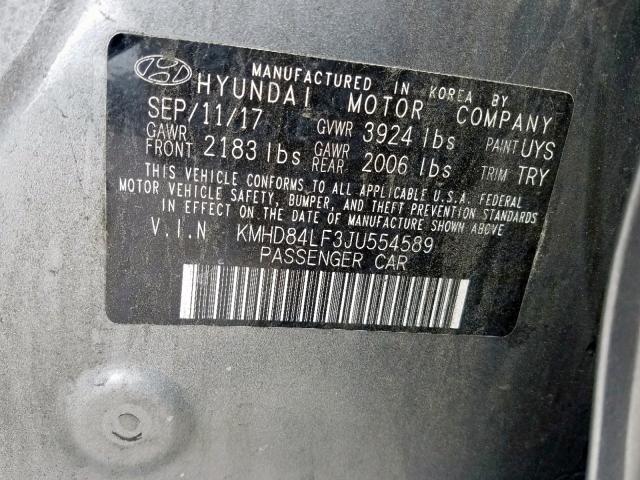 KMHD84LF3JU554589 - 2018 HYUNDAI ELANTRA SE GRAY photo 10