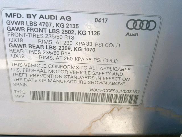 WA1HCCFS0JR003167 - 2018 AUDI Q3 PREMIUM SILVER photo 10