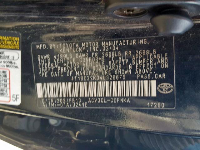 4T1BE32K04U326675 - 2004 TOYOTA CAMRY LE BLACK photo 10