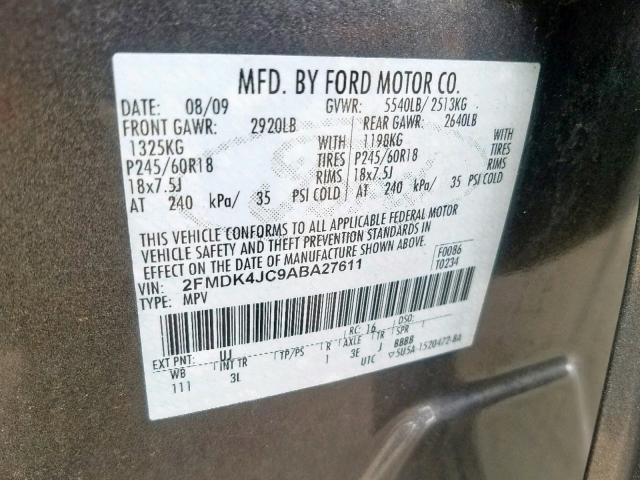 2FMDK4JC9ABA27611 - 2010 FORD EDGE SEL GRAY photo 10