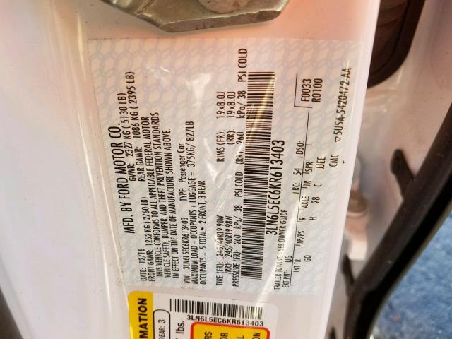 3LN6L5EC6KR613403 - 2019 LINCOLN MKZ RESERV WHITE photo 10