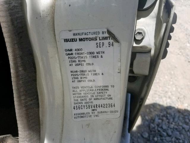 4S6CY58V4R4422364 - 1994 HONDA PASSPORT E 白色 照片 10