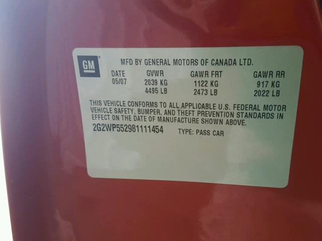 2G2WP552981111454 - 2008 PONTIAC GRAND PRIX 红色 照片 10