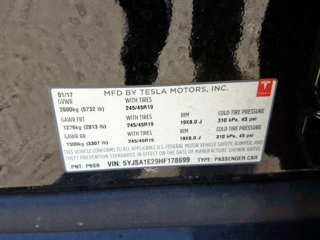 5YJSA1E29HF178699 - 2017 TESLA MODEL S BLACK photo 10