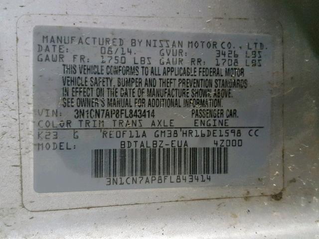 3N1CN7AP8FL843414 - 2015 NISSAN VERSA S SILVER photo 10