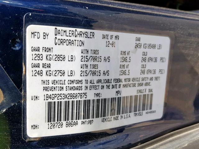 1B4GP253X2B607875 - 2002 DODGE CARAVAN SE BLUE photo 10