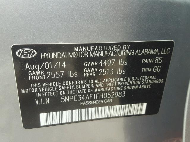 5NPE34AF1FH052983 - 2015 HYUNDAI SONATA SPO GRAY photo 10