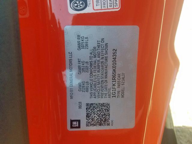 1G1FK1R65K0104352 - 2019 CHEVROLET CAMARO ZL1 橙色 照片 10