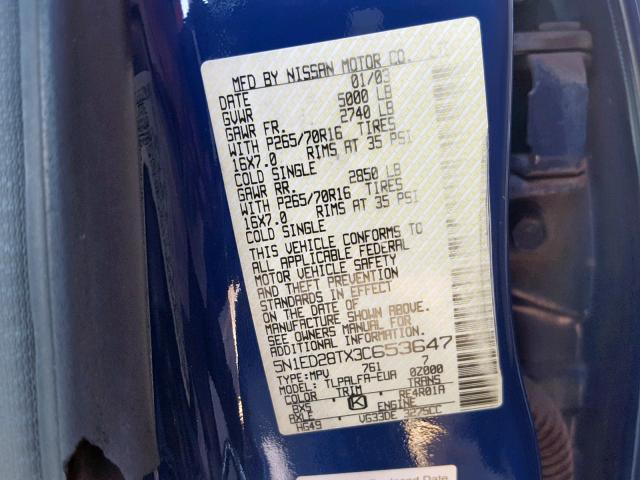 5N1ED28TX3C653647 - 2003 NISSAN XTERRA XE BLUE photo 10