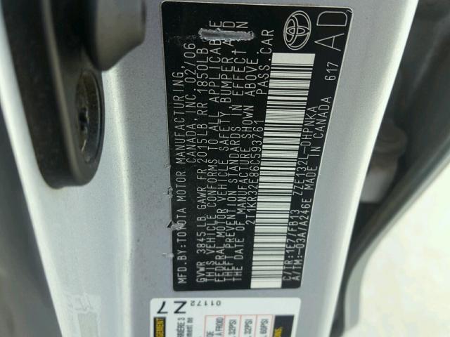 2T1KR32E86C593761 - 2006 TOYOTA COROLLA MA SILVER photo 10