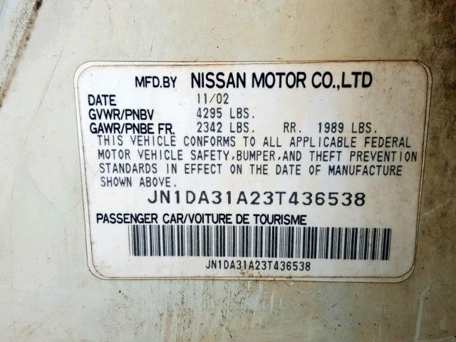 JN1DA31A23T436538 - 2003 NISSAN MAXIMA GLE WHITE photo 10