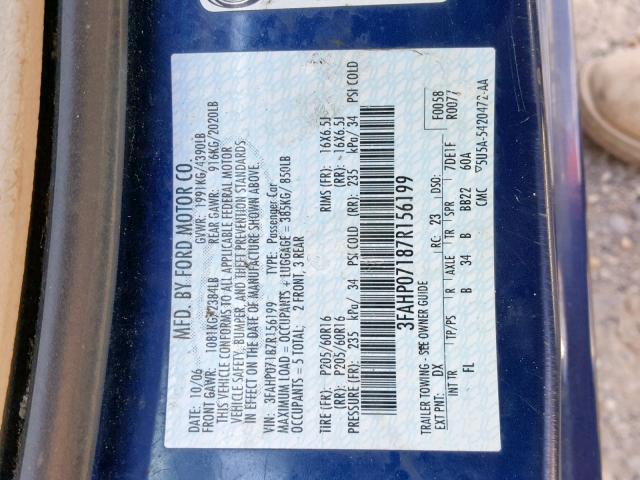 3FAHP07187R156199 - 2007 FORD FUSION SE BLUE photo 10