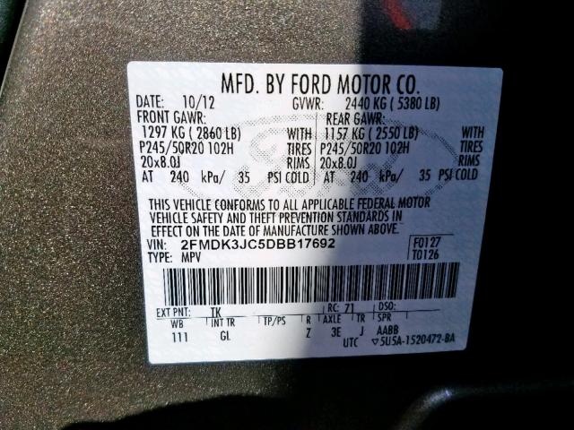 2FMDK3JC5DBB17692 - 2013 FORD EDGE SEL GRAY photo 10