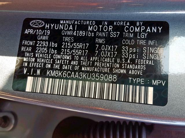 KM8K6CAA3KU359088 - 2019 HYUNDAI KONA SEL GRAY photo 10