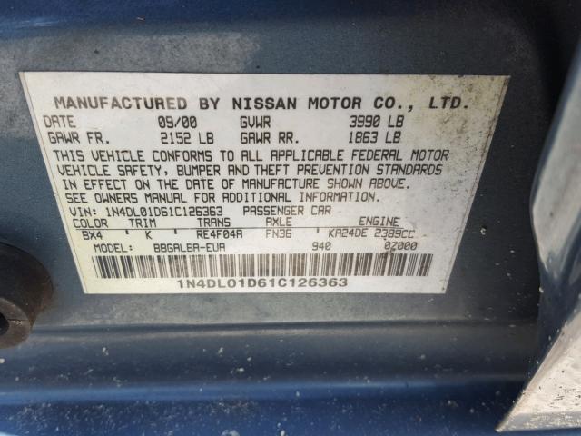 1N4DL01D61C126363 - 2001 NISSAN ALTIMA XE BLUE photo 10