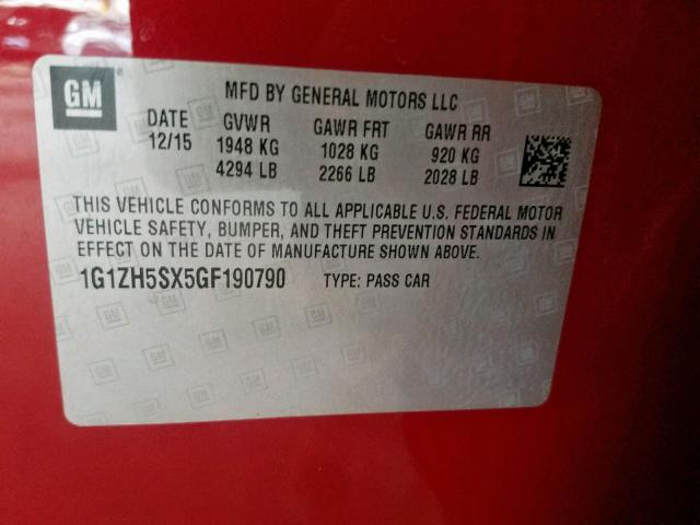 1G1ZH5SX5GF190790 - 2016 CHEVROLET MALIBU PRE RED photo 10