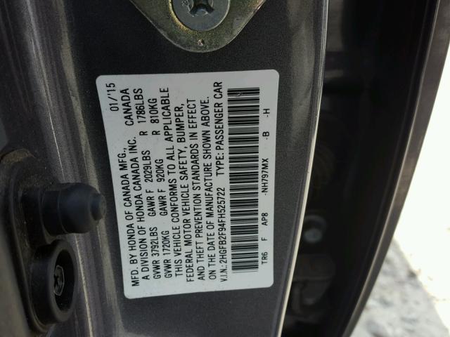 2HGFB2F94FH525722 - 2015 HONDA CIVIC EXL GRAY photo 10