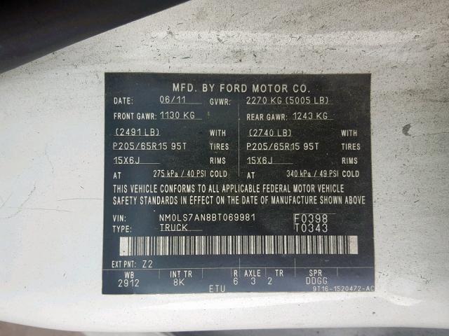 NM0LS7AN8BT069981 - 2011 FORD TRANSIT CO WHITE photo 10