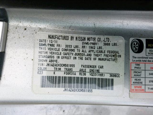 JN1AZ4EH3CM561955 - 2012 NISSAN 370Z BASE SILVER photo 10