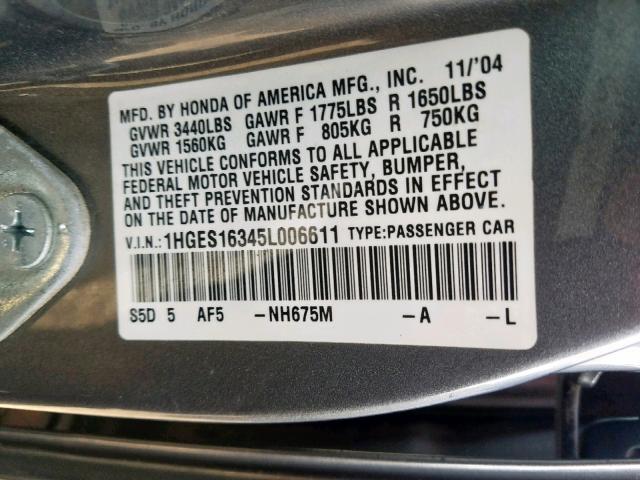 1HGES16345L006611 - 2005 HONDA CIVIC DX V GRAY photo 10