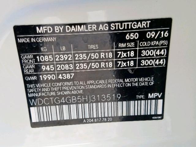 WDCTG4GB5HJ313519 - 2017 MERCEDES-BENZ GLA 250 4M WHITE photo 10