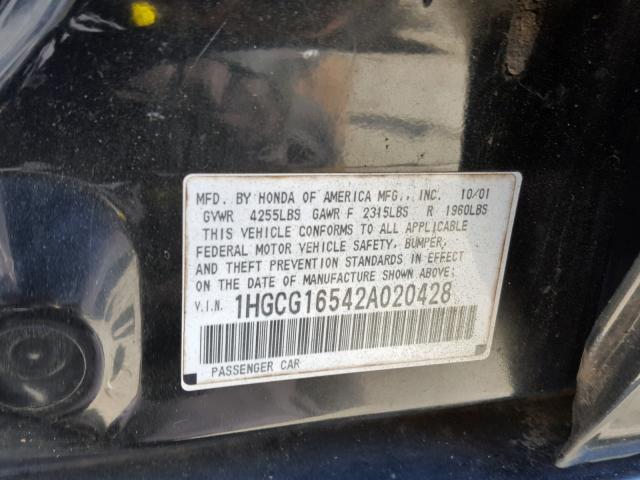 1HGCG16542A020428 - 2002 HONDA ACCORD EX BLACK photo 10