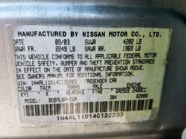 1N4AL11D14C122203 - 2004 NISSAN ALTIMA BAS SILVER photo 10